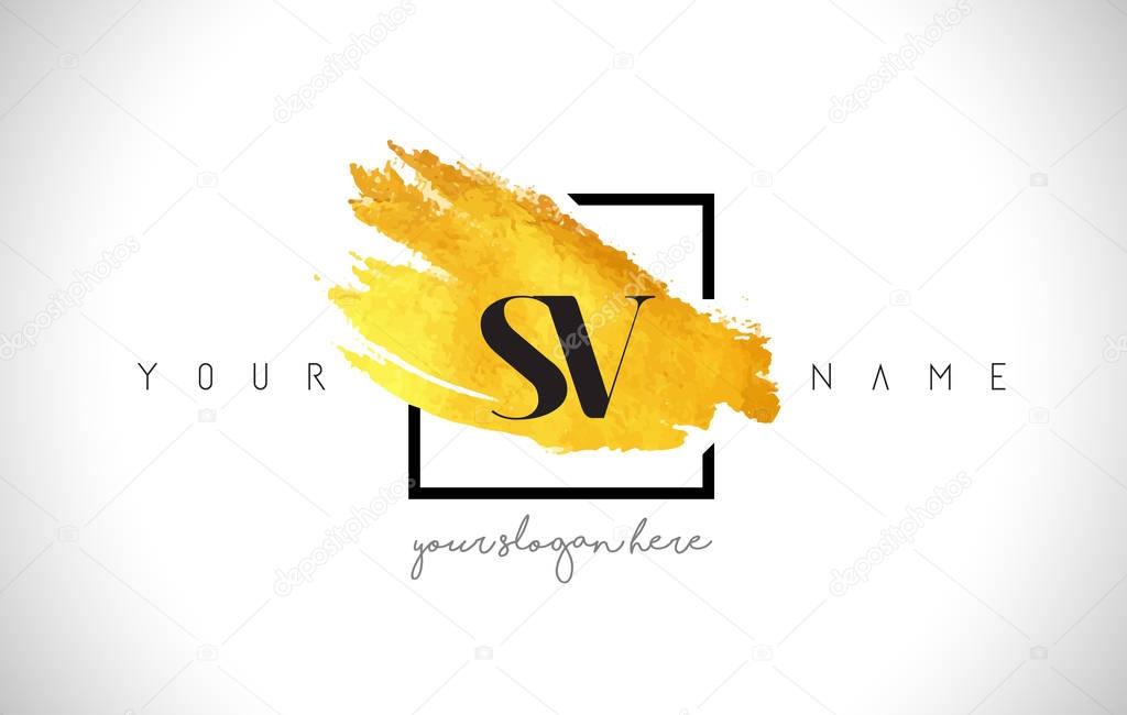SV Golden Letter Logo Design with Creative Gold Brush Stroke and Black Frame.