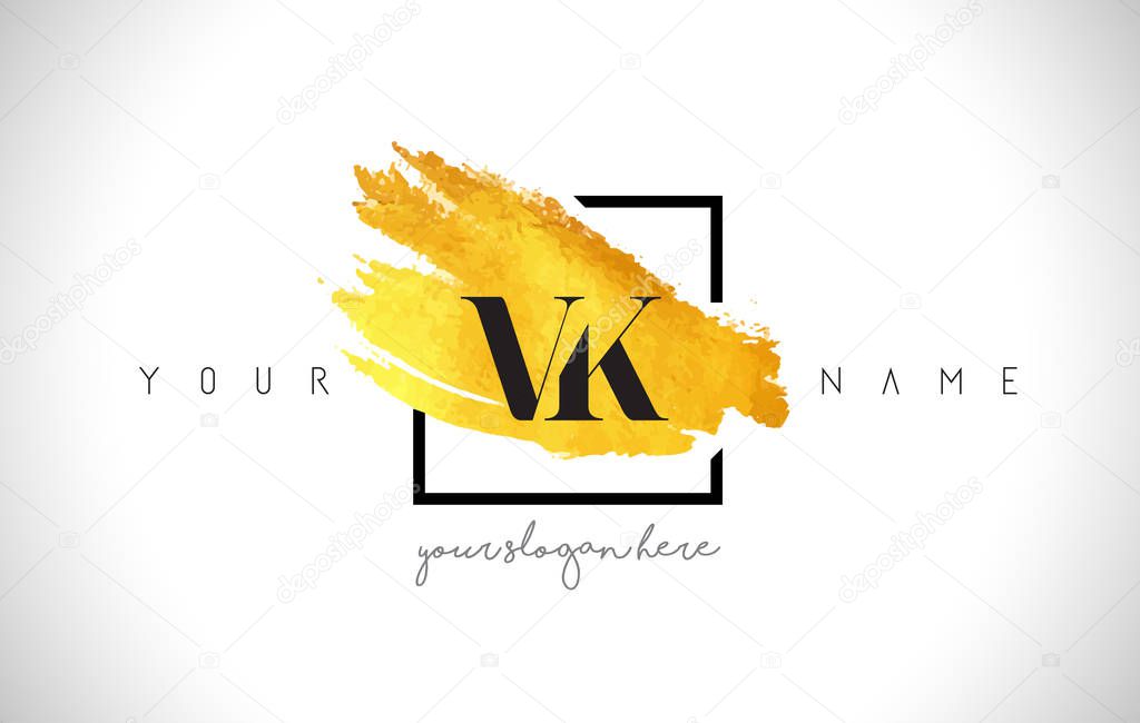 VK Golden Letter Logo Design with Creative Gold Brush Stroke and Black Frame.