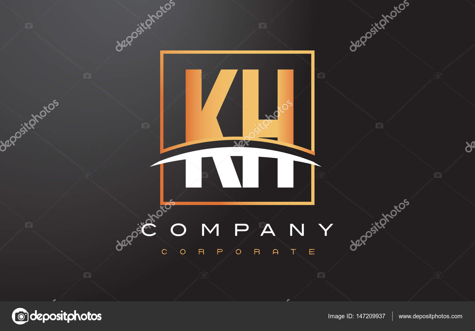KH K H Golden Letter Logo Desain dengan Gold Square dan Swoosh
