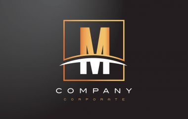 M altın harf Logo tasarımı ile altın kare ve Swoosh.