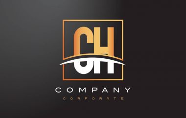 CH C H Golden Letter Logo Design with Swoosh and Rectangle Square Box Vector Design. clipart svg vector 