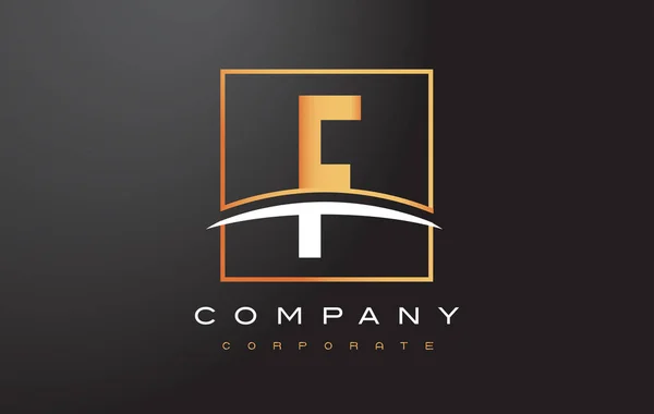 F gouden Letter Logo ontwerp met goud plein en Swoosh. — Stockvector