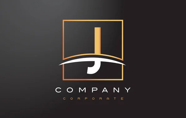 J Golden Letter Logo Design con Gold Square e Swoosh . — Vettoriale Stock