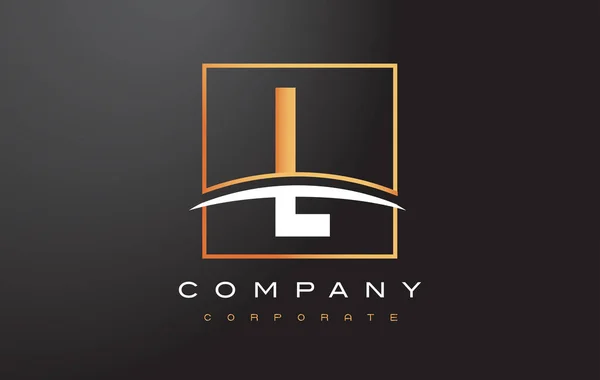 L Golden Letter Logo Design con Gold Square e Swoosh . — Vettoriale Stock