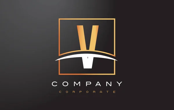 V Golden Letter Logo Design con Gold Square e Swoosh . — Vettoriale Stock