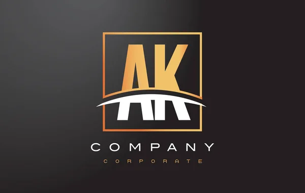 AK A K Golden Letter Logo Design with Gold Square and Swoosh. - Stok Vektor