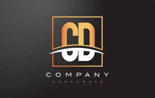 CD C D Golden Letter Logo Design con Gold Square e Swoosh . — Vettoriale Stock