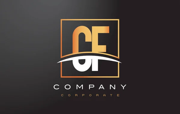 CF C F Golden Letter Logo Design con Gold Square e Swoosh . — Vettoriale Stock