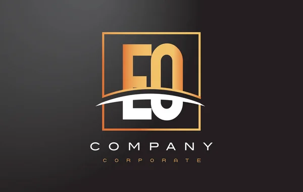 EO E O Golden Letter Logo Design com Praça Dourada e Swoosh . — Vetor de Stock