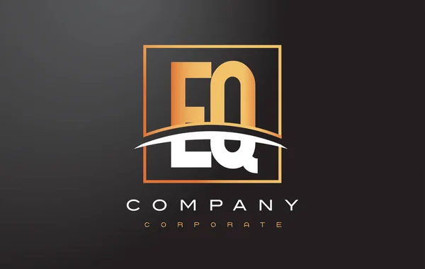 EQ E Q Golden Letter Logo Design com Praça de Ouro e Swoosh . — Vetor de Stock