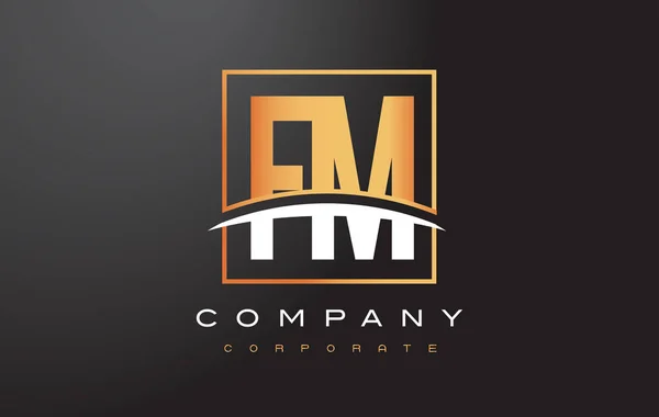 FM F M Golden Letter Diseño de Logo con Cuadrado de Oro y Swoosh . — Vector de stock