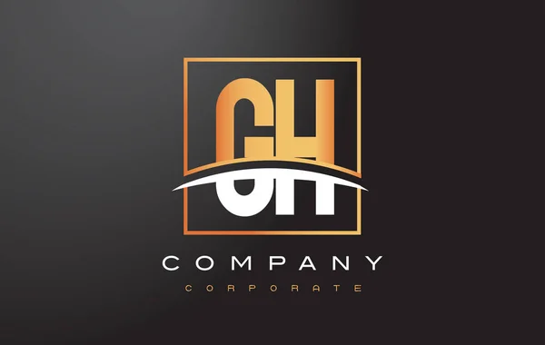 GH G H Golden Letter Logo Design avec carré d'or et Swoosh . — Image vectorielle
