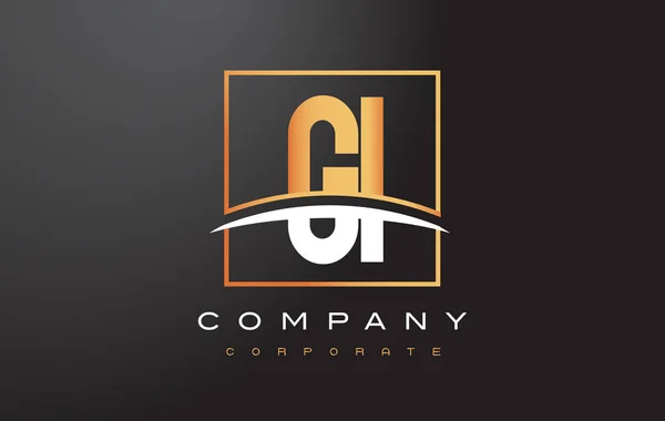 GI G I Diseño de Logo de Letra Dorada con Cuadrado de Oro y Swoosh . — Vector de stock