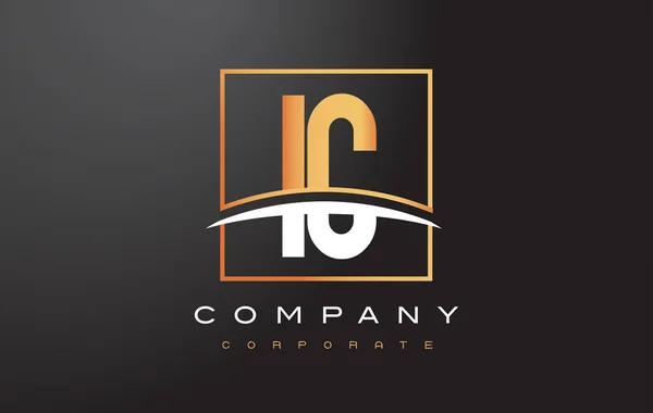 IC I C Golden Letter Logo Design con Gold Square e Swoosh . — Vettoriale Stock