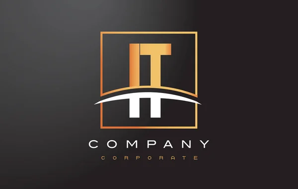 IT I T Golden Letter Logo Design con Gold Square e Swoosh . — Vettoriale Stock