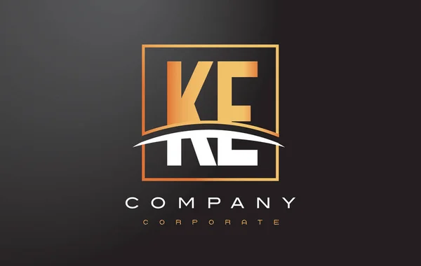 KE K E Golden Letter Logo Design with Gold Square and Swoosh. — Stock Vector