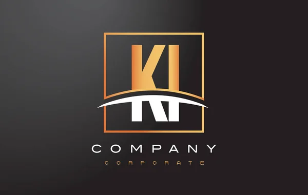 KI K I Golden Letter Logo Design with Gold Square and Swoosh. - Stok Vektor