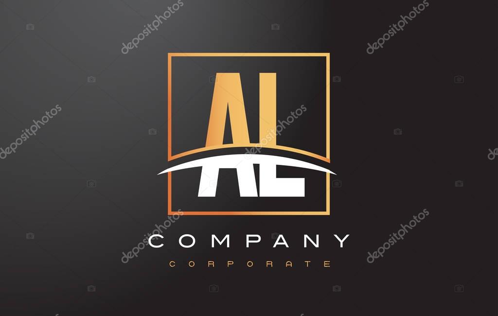AL A L Golden Letter Logo Design with Swoosh and Rectangle Square Box Vector Design.
