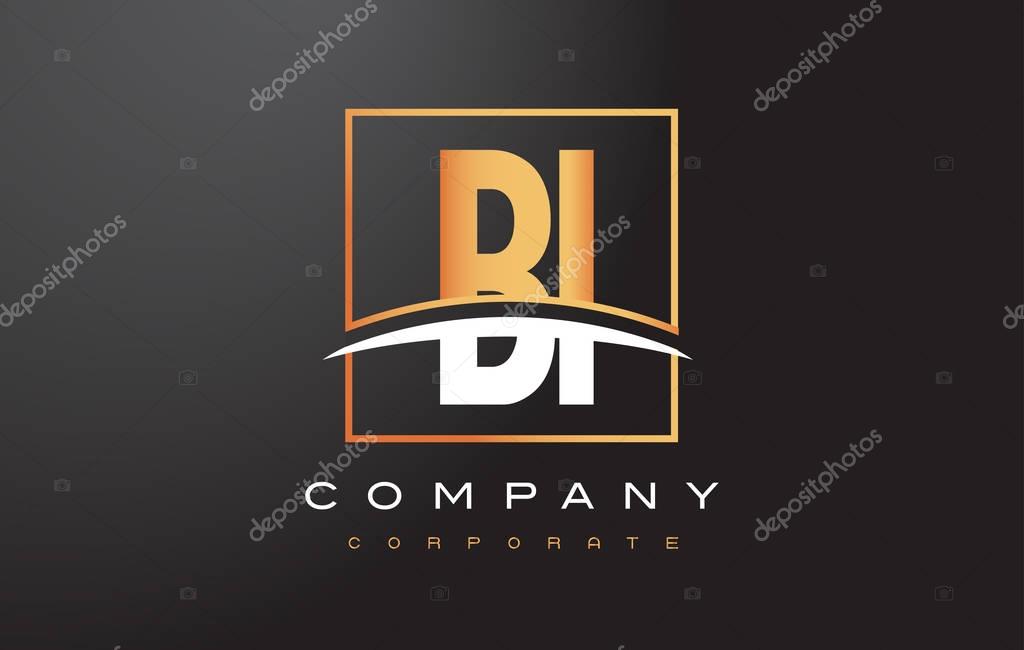 BI B I Golden Letter Logo Design with Swoosh and Rectangle Square Box Vector Design.