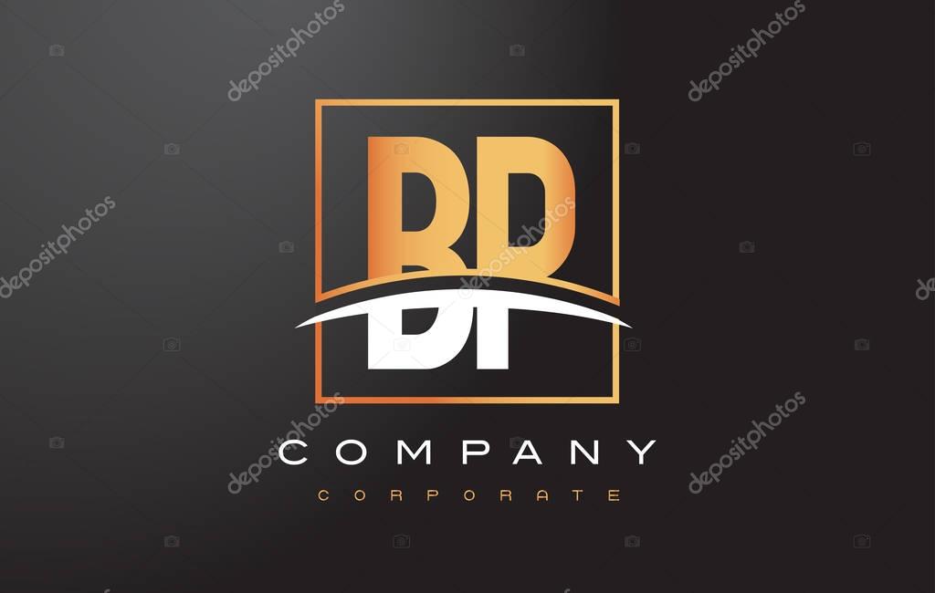 BP B P Golden Letter Logo Design with Swoosh and Rectangle Square Box Vector Design.