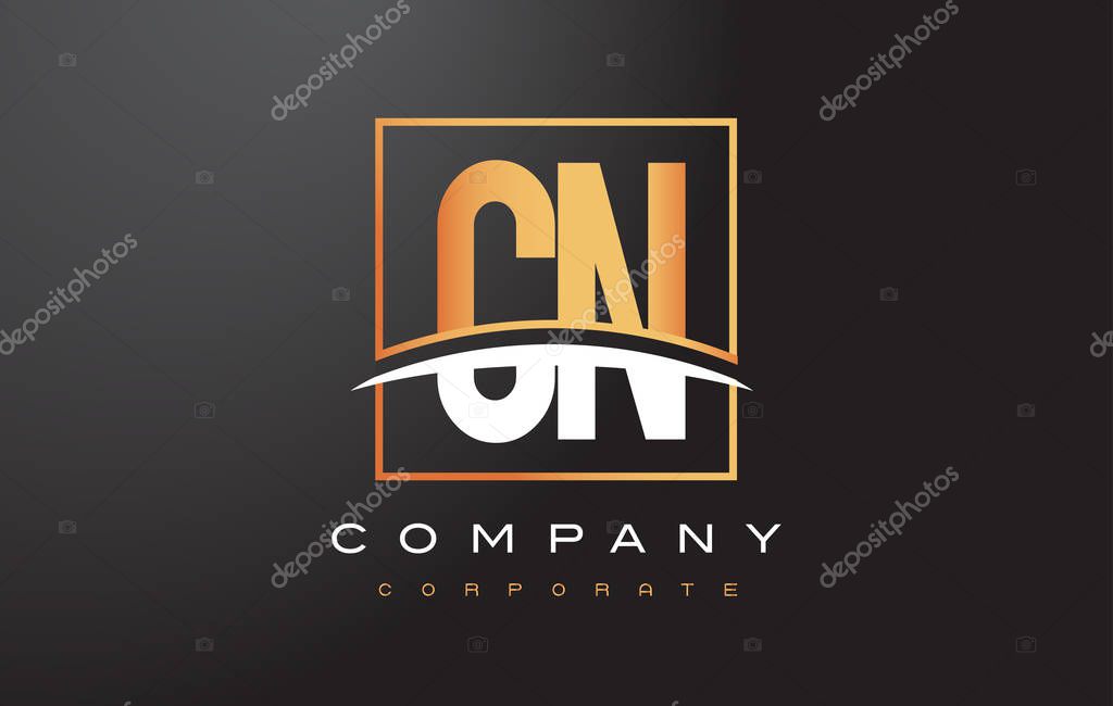 CN C N Golden Letter Logo Design with Swoosh and Rectangle Square Box Vector Design.