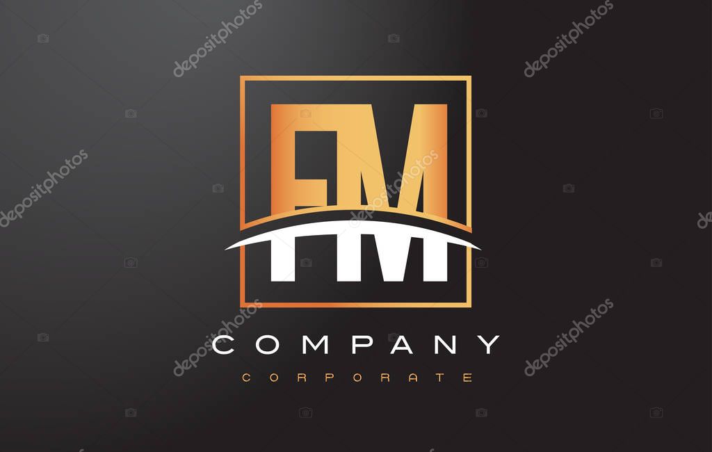 FM F M Golden Letter Logo Design with Swoosh and Rectangle Square Box Vector Design.
