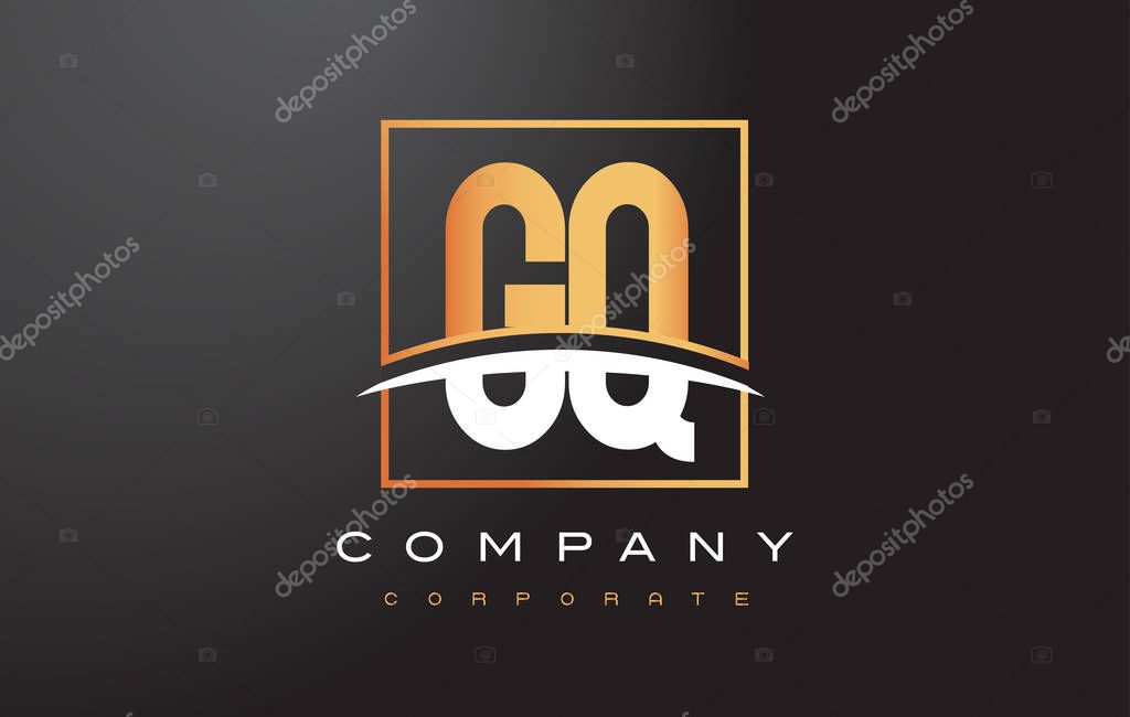 GQ G Q Golden Letter Logo Design with Swoosh and Rectangle Square Box Vector Design.