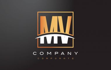 MV M V altın harf Logo tasarımı ile altın Meydanı ve Swoosh.