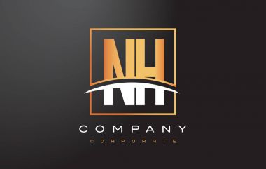 NH N H altın harf Logo tasarımı ile altın Meydanı ve Swoosh.