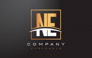 Ne N E altın harf Logo tasarımı ile altın Meydanı ve Swoosh.