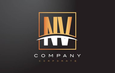 NV N V altın harf Logo tasarımı ile altın Meydanı ve Swoosh.