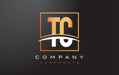 TC T C Golden Letter Logo Design with Gold Square and Swoosh. clipart