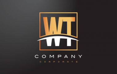 WT W T altın harf Logo tasarımı ile altın Meydanı ve Swoosh.