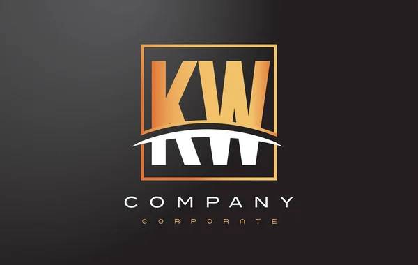 KW W W Golden Letter Logo Design with Gold Square and Swoosh . - Stok Vektor
