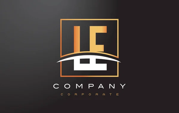 LE L E Golden Letter Logo Design com Praça de Ouro e Swoosh . — Vetor de Stock