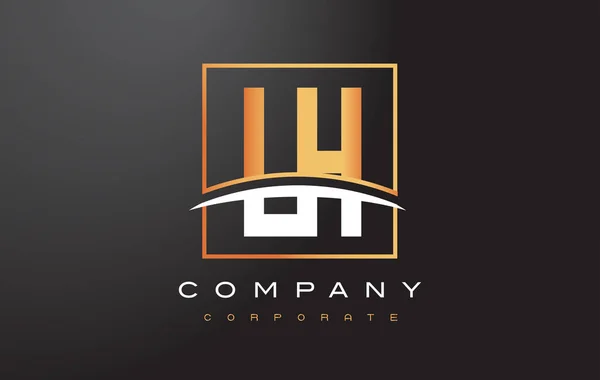 Diseño de Logotipo de Letra de Oro LH L H con Cuadrado de Oro y Swoosh . — Vector de stock