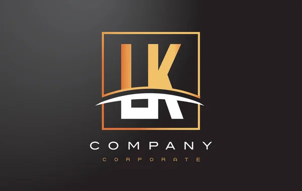 LK L K gouden Letter Logo ontwerp met goud plein en Swoosh. — Stockvector