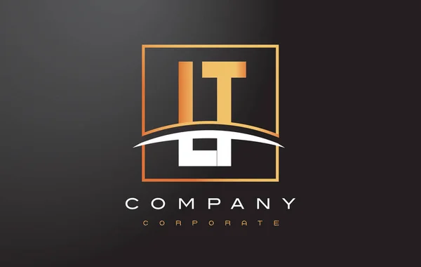 LT L T Golden Letter Logo Design com Praça de Ouro e Swoosh . — Vetor de Stock
