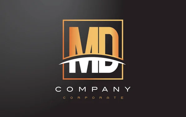 MD M D Golden Letter Logo Design con Gold Square e Swoosh . — Vettoriale Stock