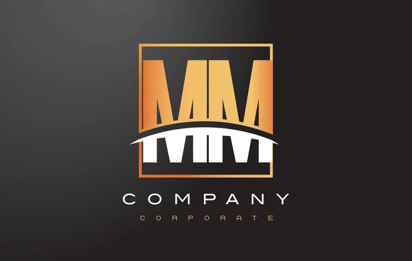 MM M M Diseño de Logo de Letra Dorada con Cuadrado de Oro y Swoosh . — Archivo Imágenes Vectoriales