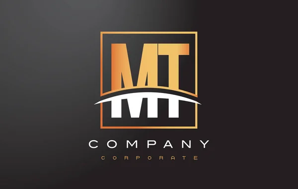 MT M T Golden Letter Logo Design avec carré d'or et Swoosh . — Image vectorielle
