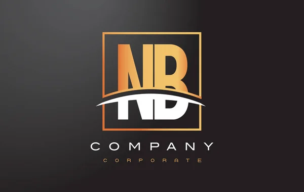 NB N B gouden Letter Logo ontwerp met goud plein en Swoosh. — Stockvector
