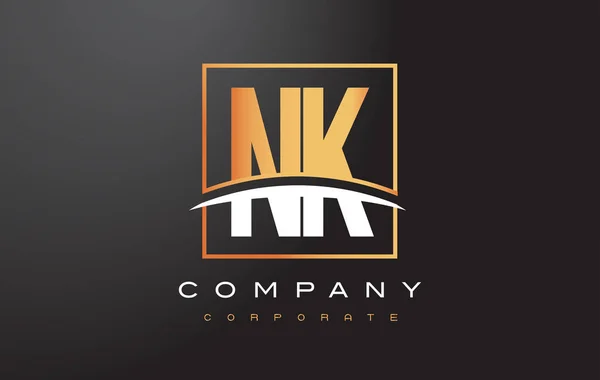 NK N K Golden Letter Logo Design with Gold Square and Swoosh. - Stok Vektor