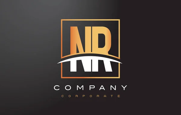 Logo NR N R Golden Letter Design con Gold Square e Swoosh . — Vettoriale Stock