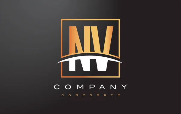 NV N V gouden Letter Logo ontwerp met goud plein en Swoosh. — Stockvector