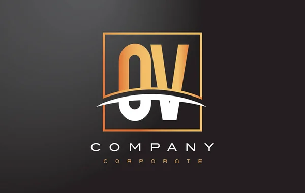 OV O V Golden Letter Design with Gold Square and Swooh . — стоковый вектор
