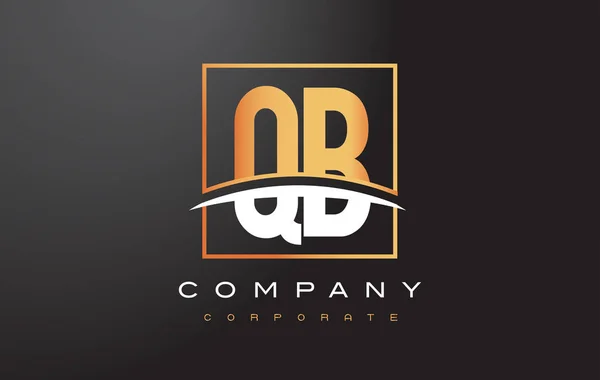 QB Q B Golden Letter Logo Design con Gold Square e Swoosh . — Vettoriale Stock