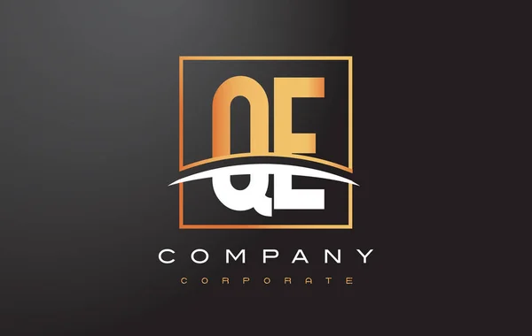 QE Q E Golden Letter Logo Design with Gold Square and Swoosh. - Stok Vektor