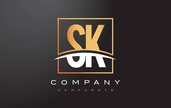 SK S K Golden Letter Logo Design with Gold Square and Swoosh. - Stok Vektor