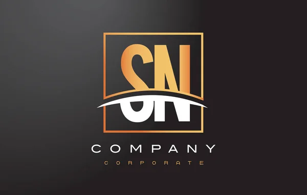 SN S N gouden Letter Logo ontwerp met goud plein en Swoosh. — Stockvector